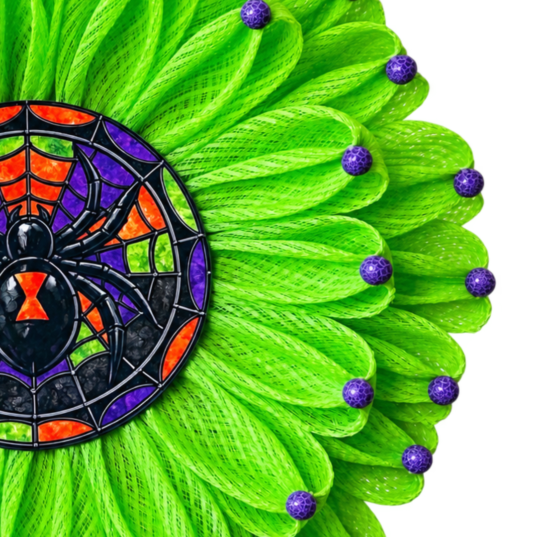 Spooky stained glass spider inspired green deco mesh flower wreath with a purple, orange and green stained glass spider metal wreath center and wood beaded flower accents by Monkey's Creations.