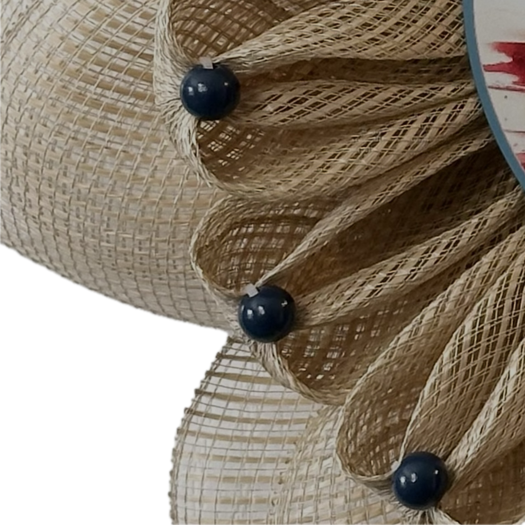 Beige deco mesh folded with wooden blue beads