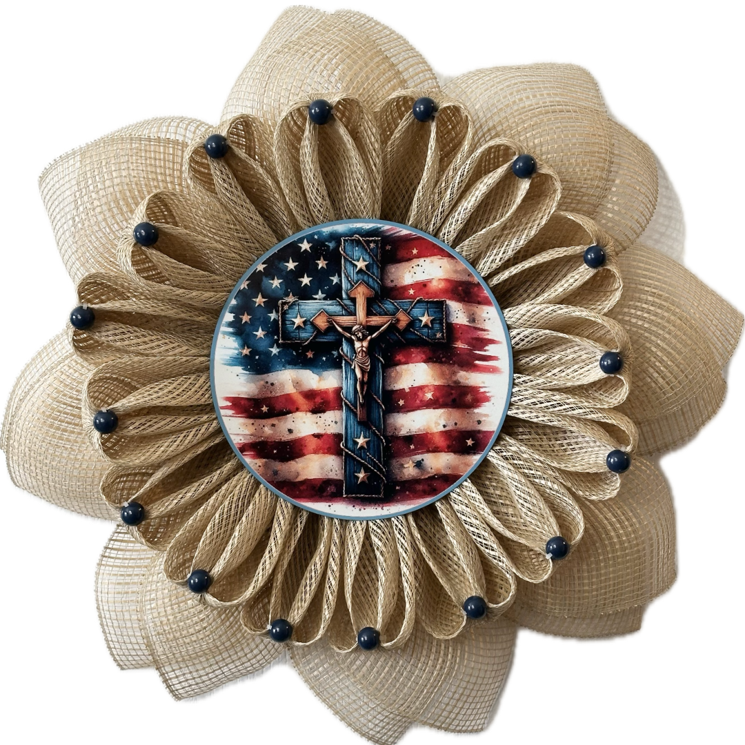 Crucifix and USA flag themed wreath