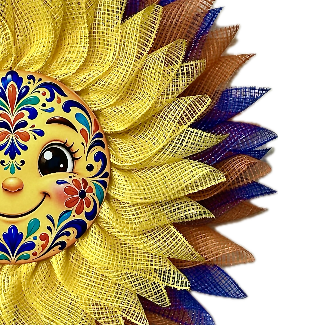 A deco mesh talavera sun character center flower wreath made from yellow, blue, and orange deco mesh by Monkey's Creations.
