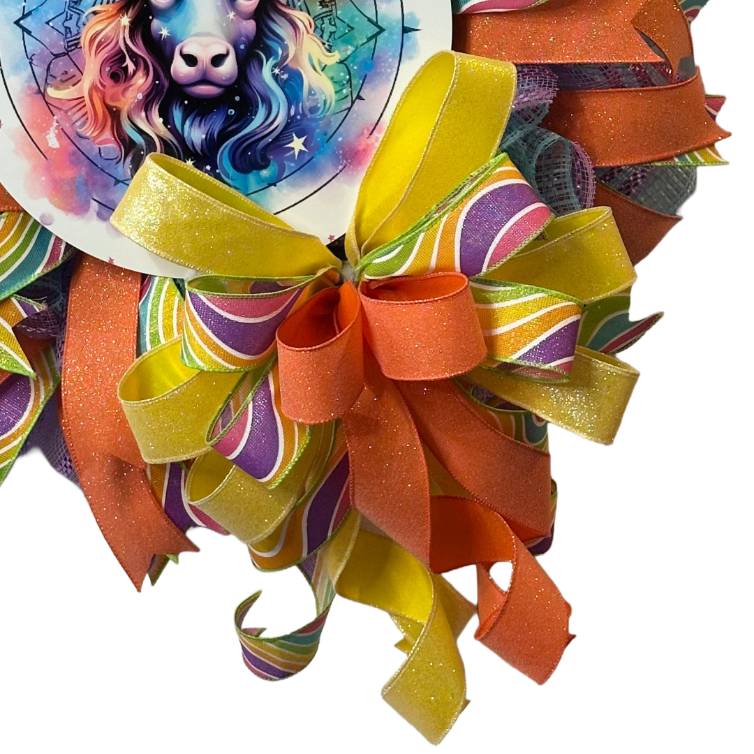 Taurus zodiac sign by Monkey's Creations featuring a bull wreath sign, a colorful combination of deco mesh and ribbon and a big ribbon bow.