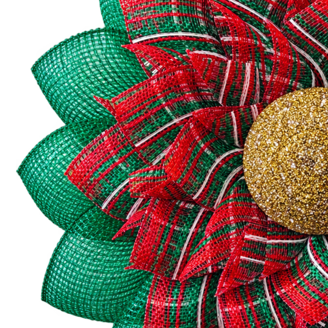 Red white and green deco mesh poinsettia flower wreath with a gold rhinestone center by Monkey's Creations.