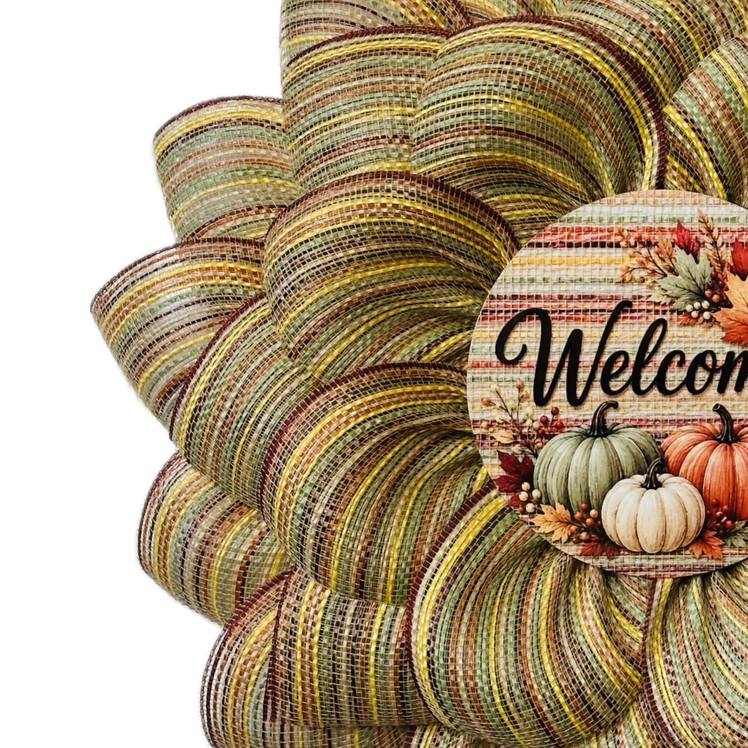 Fall themed deco mesh flower wreath featuring a "welcome" center with autumn elements by Monkey's Creations.
