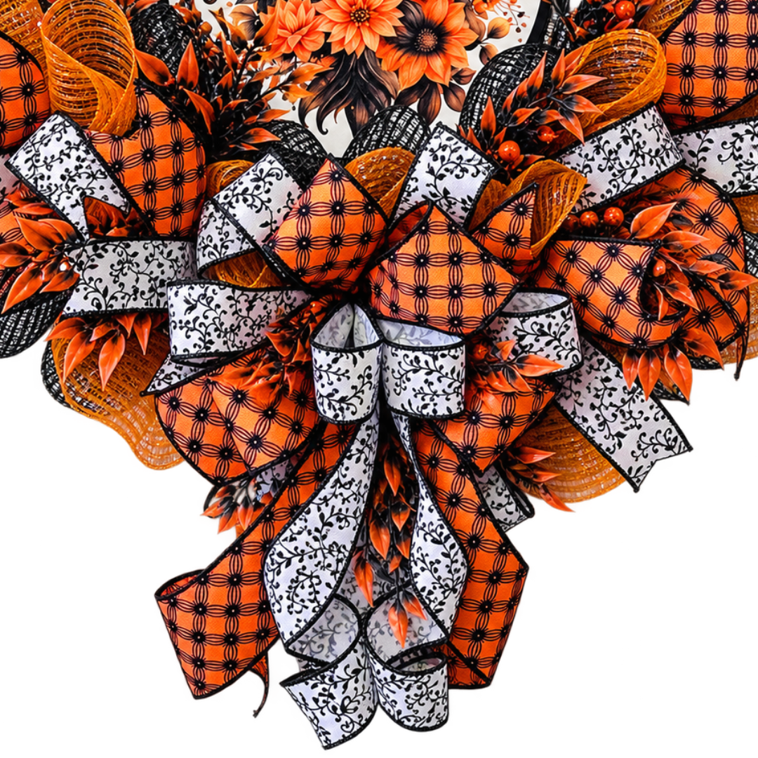 An orange and black Halloween inspired witch hat swag wreath made with deco mesh, ribbon and a round metal wreath sign featuring a witch hat with autumn flowers and foliage by Monkey's Creations.