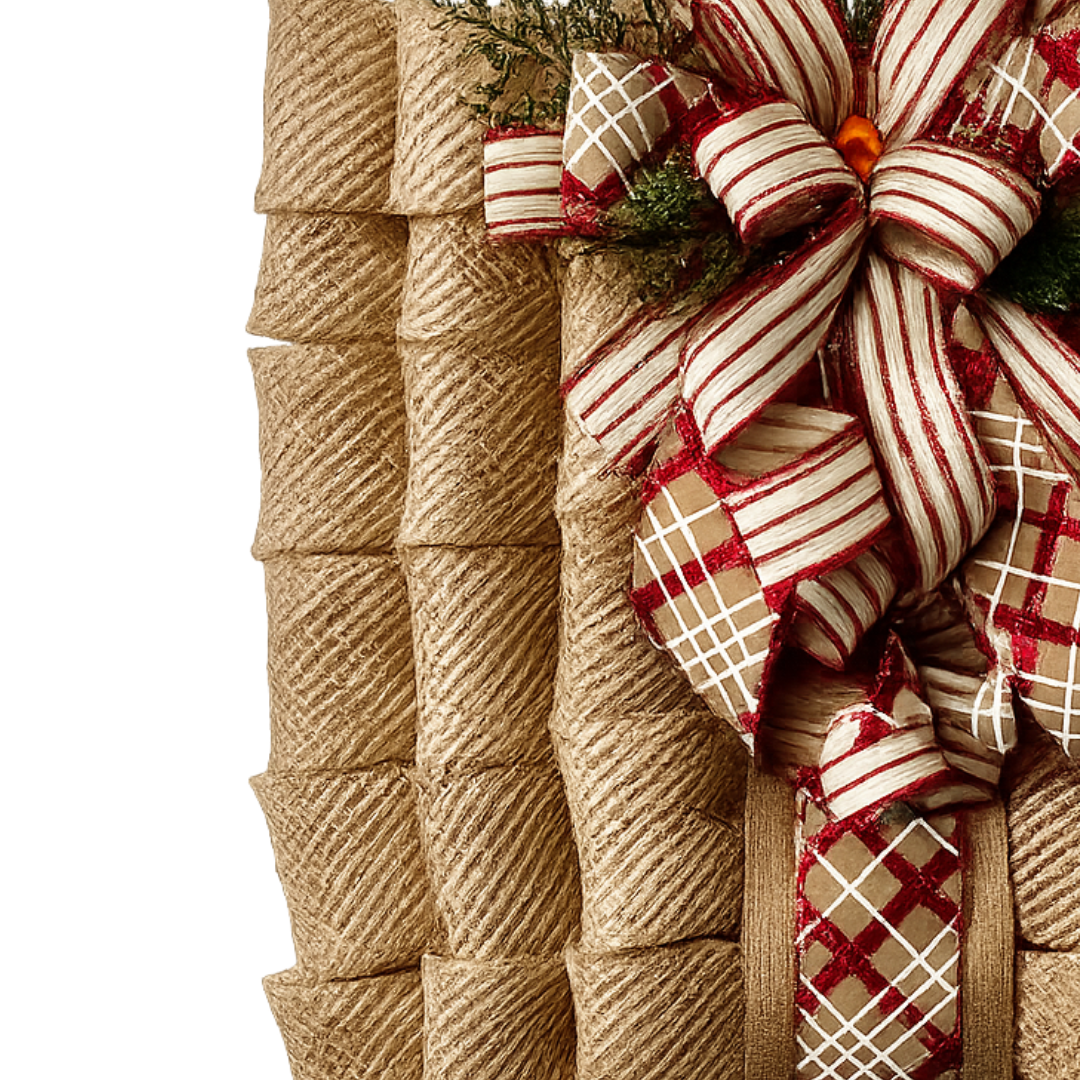 A rustic Christmas wreath made of deco mesh, decorated with a large red and natural striped bow, a plaid ribbon accent, and greenery picks by Monkey's Creations.