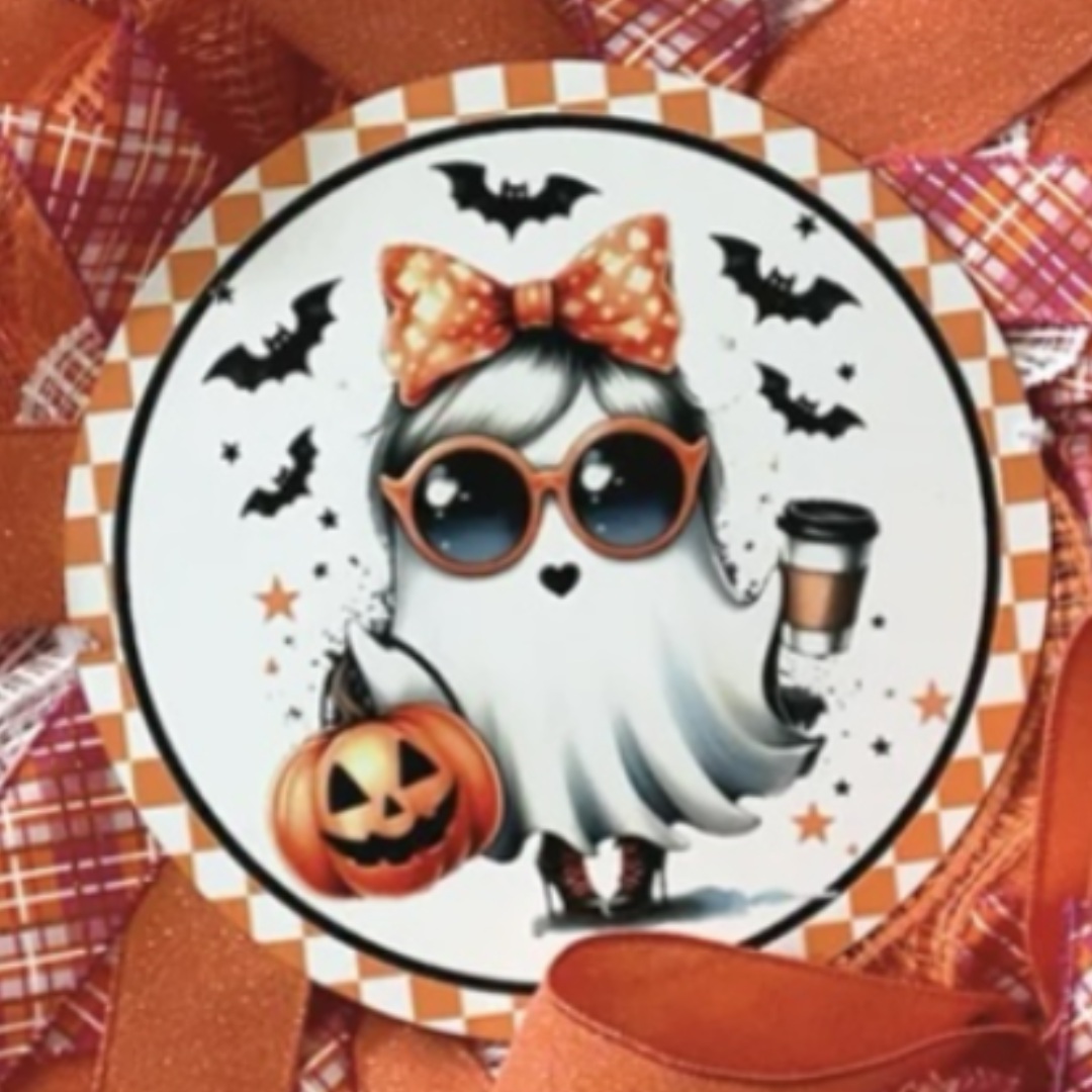 pink and orange girl ghost wreath with ribbon, deco mesh and round wreath sign, focus on the wreath sign