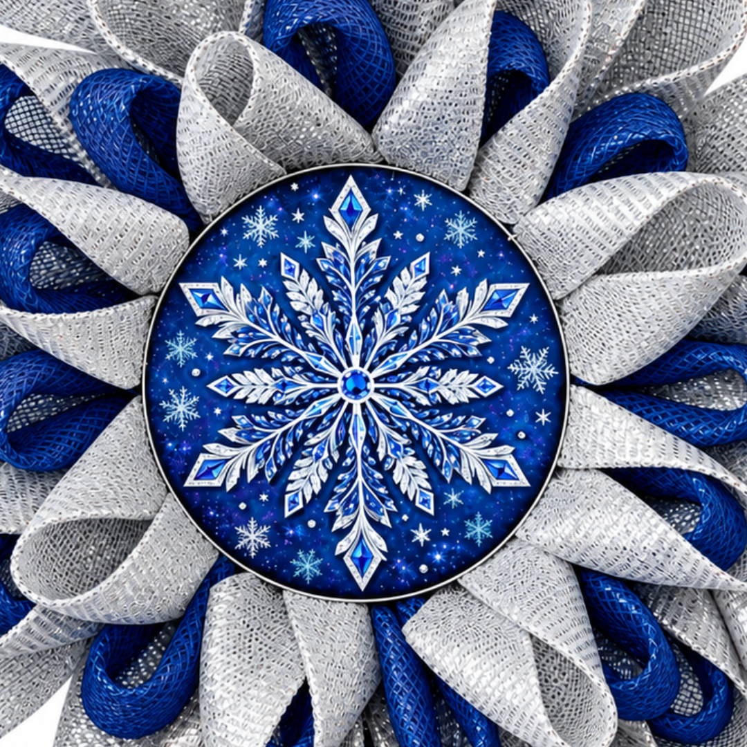 Deco mesh snowflake flower wreath example featuring navy blue and all foil silver deco mesh with an 8" ornate blue and silver snowflake metal wreath sign center.