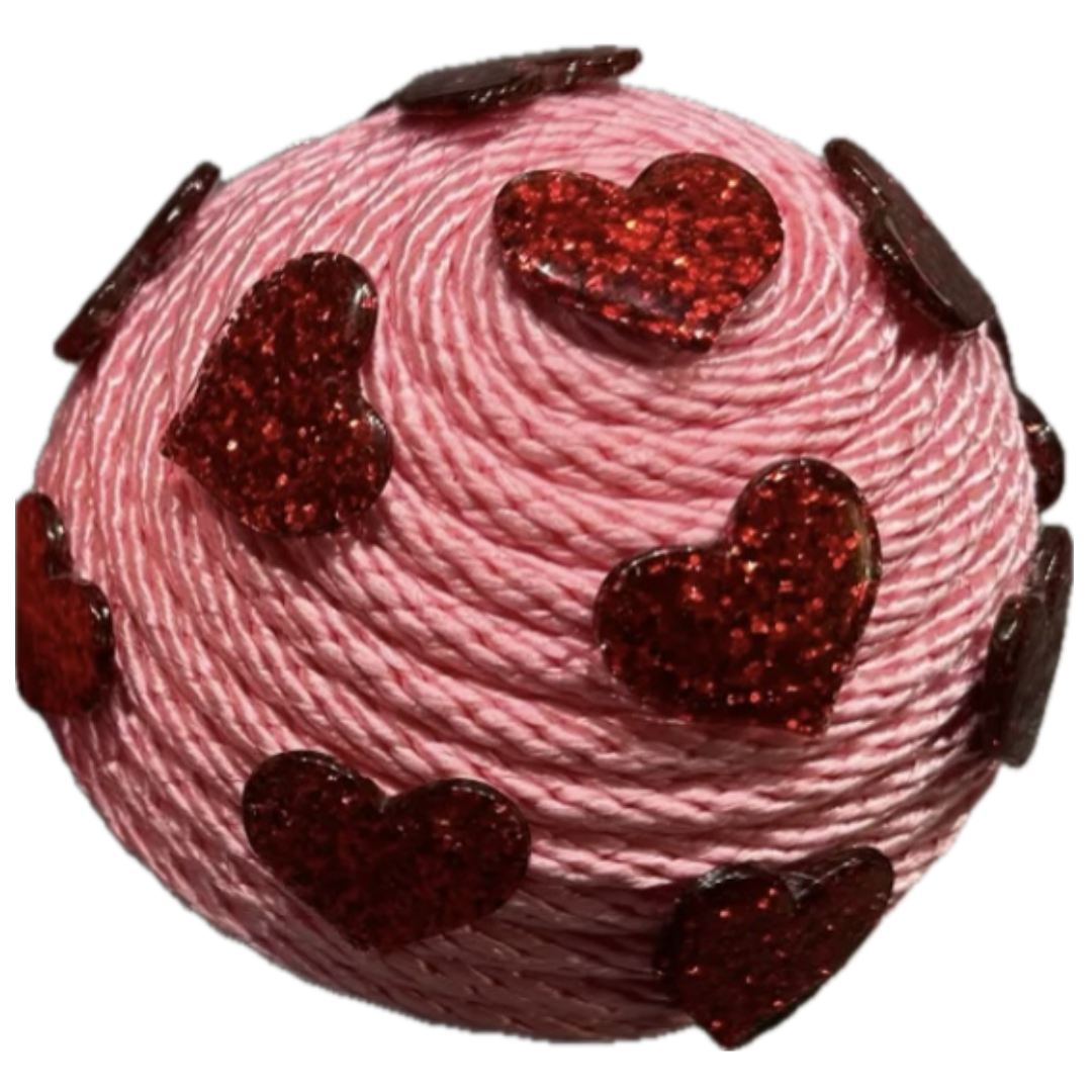 pink round flower center with red hearts