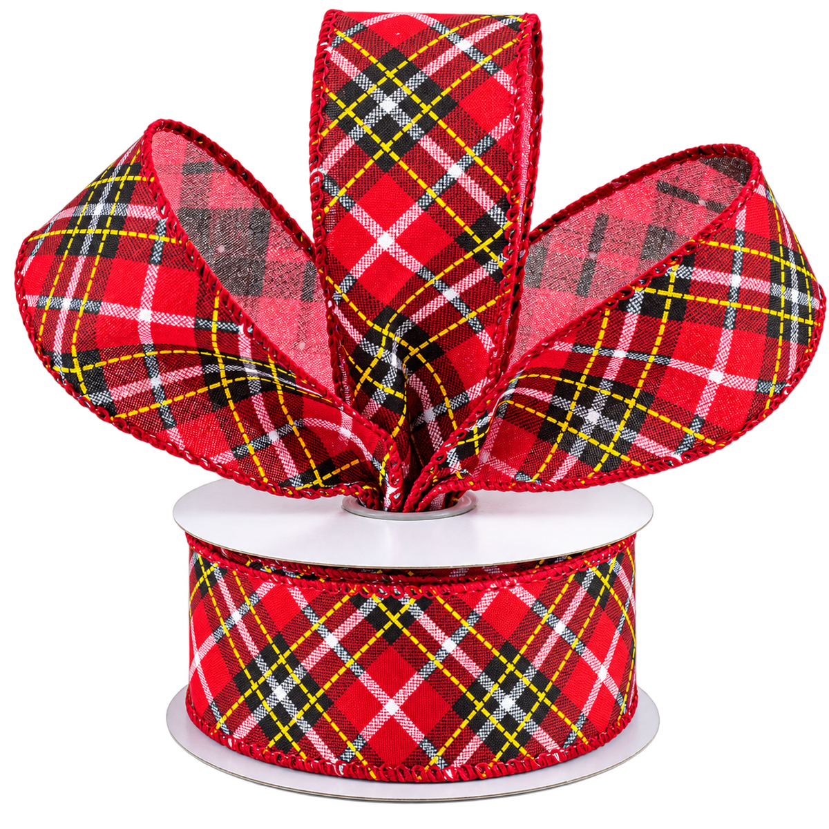 1.5" x 10 yard roll of argyle satin ribbon with red, black, yellow and white colors