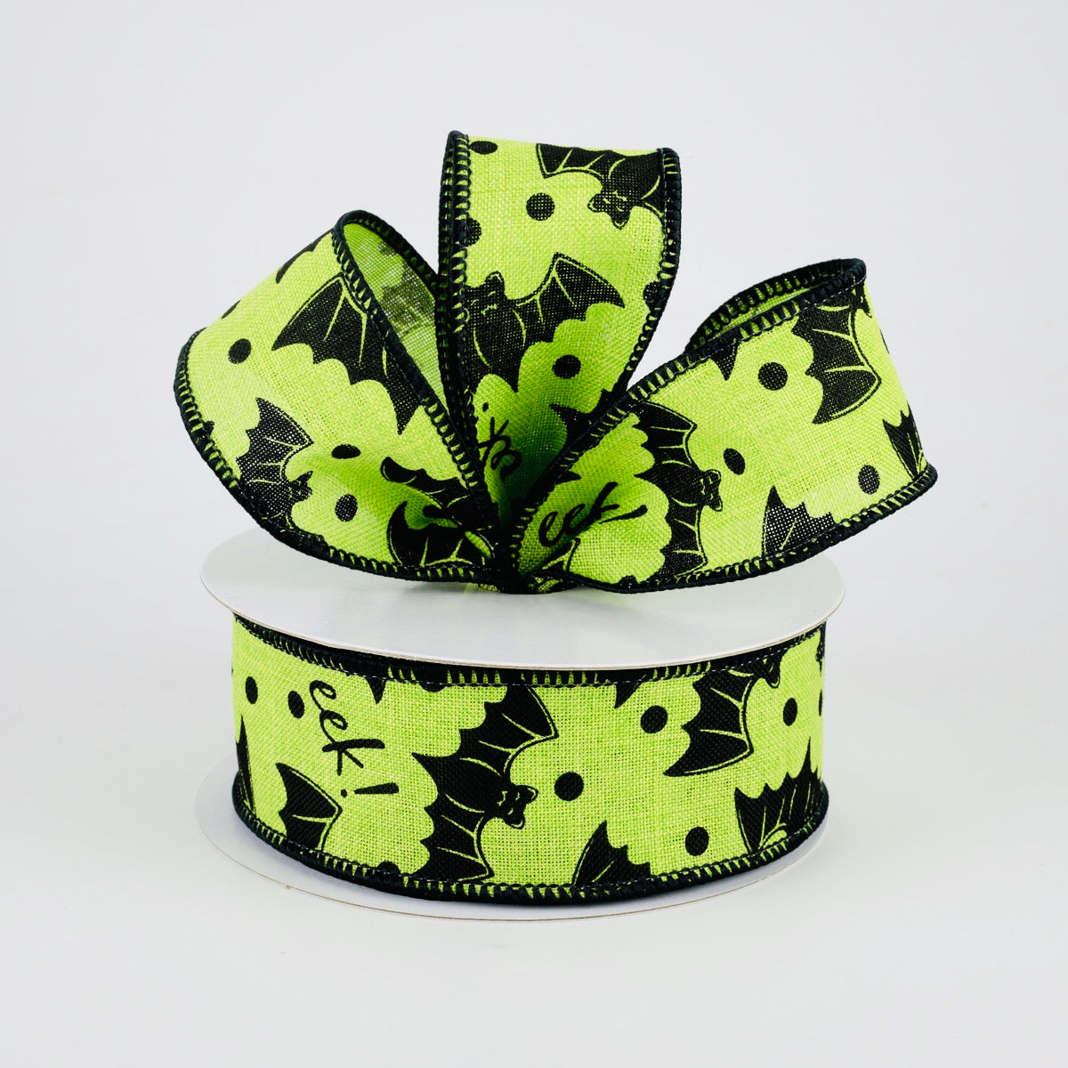 1.5" x 10 yard roll of lime green royal canvas wired ribbon with black bats and "eek" for Halloween crafts and wreaths carried by Monkey's Creations - MPN - RGA1982E9.