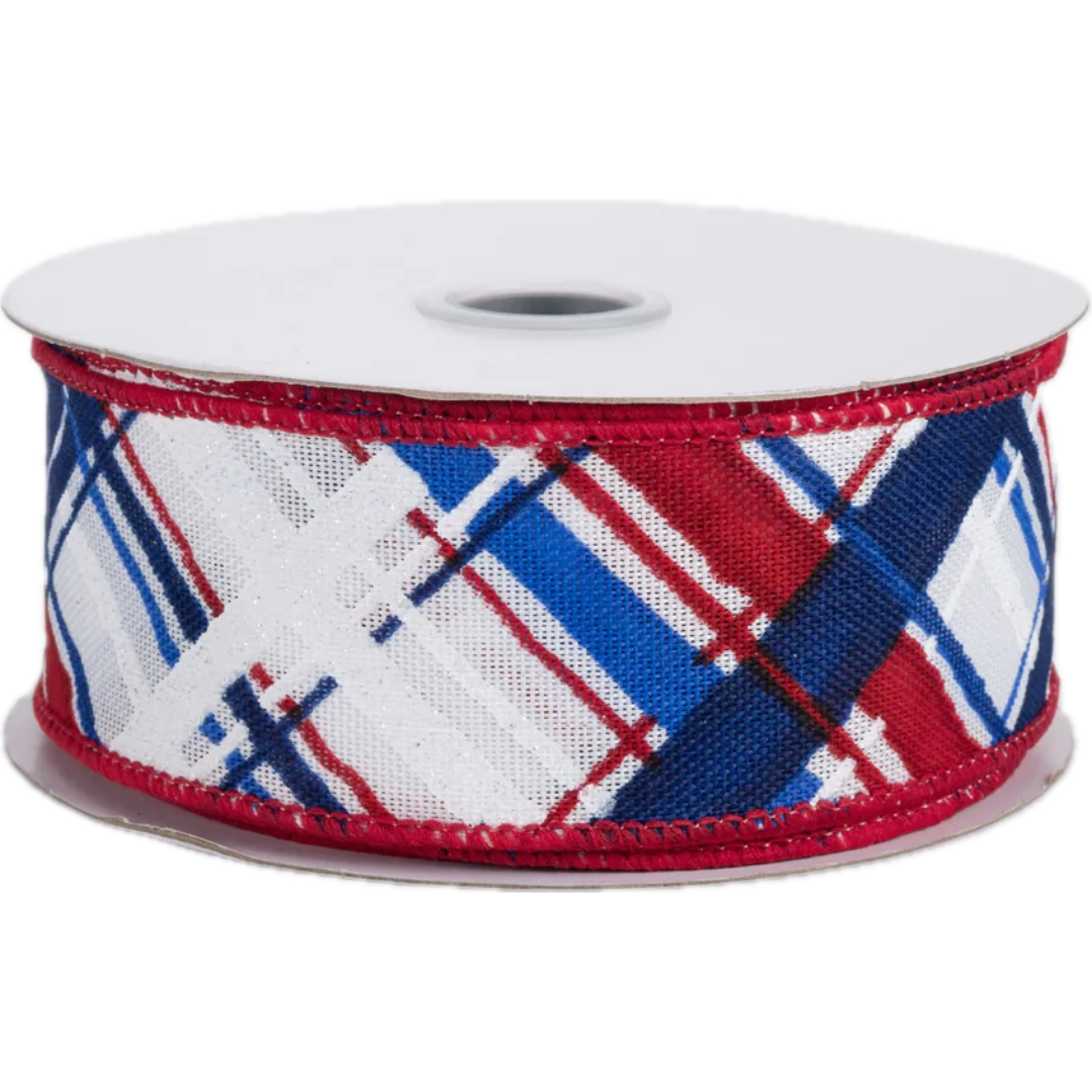Spool of ribbon with red, white, and blue plaid pattern 