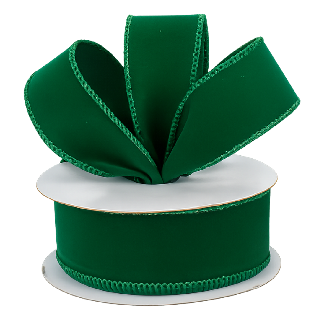 A roll of 1.5" velvet green wired ribbon