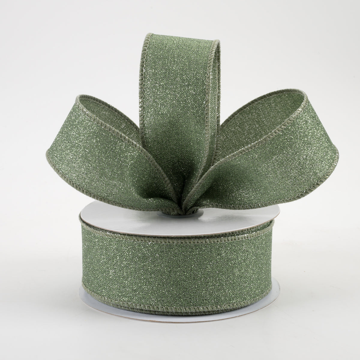 1.5 x 10 yard roll of sage green fine glitter on royal wired ribbon.