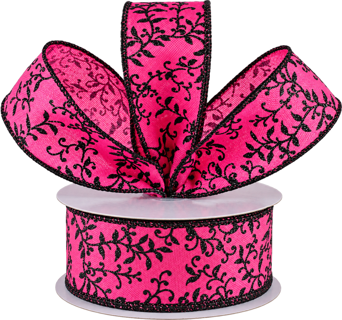 1.5" by 10 yard roll of wired fuchsia ribbon with glittery black mini leaf vines. 