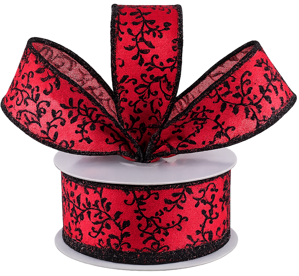 1.5" by 10 yard roll of wired red ribbon with glittery black mini leaf vines. 