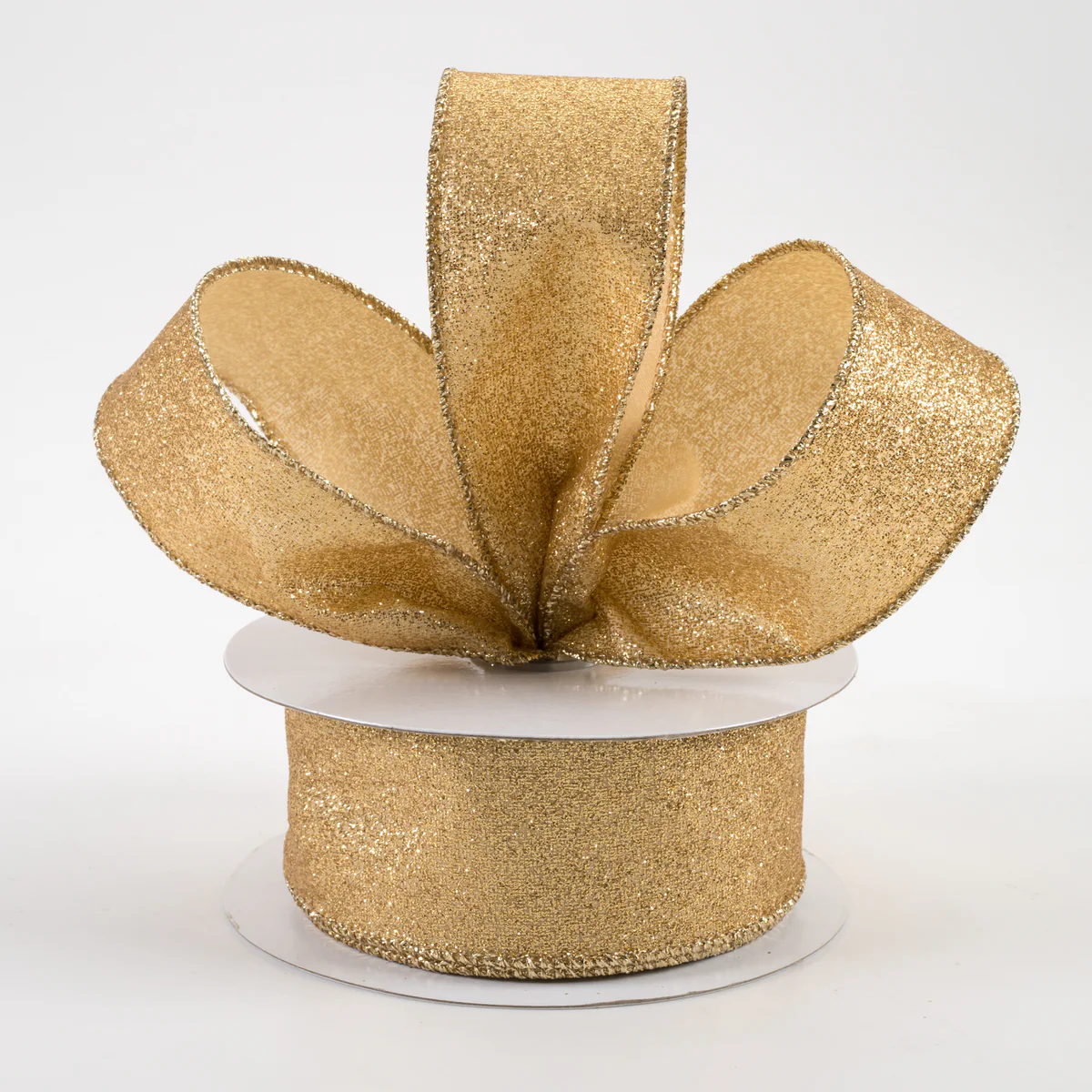 Spool of 1.5" gold glitter wired ribbon