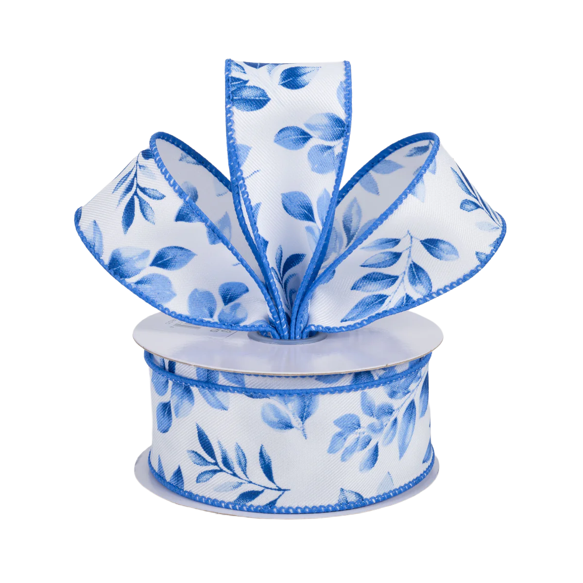 Spool of blue and white ribbon with different sizes of leaves