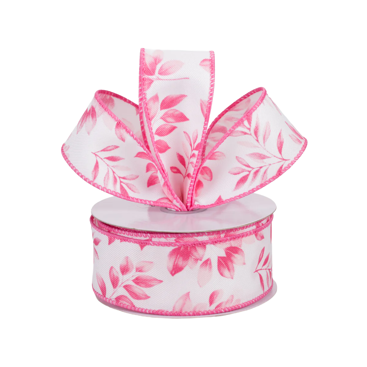 Spool of pink and white ribbon with different sizes of leaves