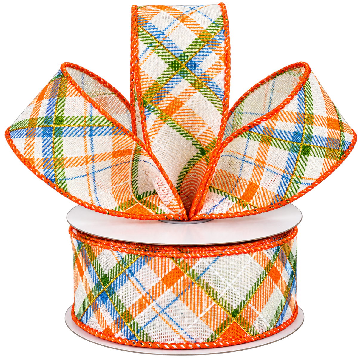 1.5" x 10 yard roll of linen diagonal plaid "blue fall" orange, blue, green and ivory wired ribbon
