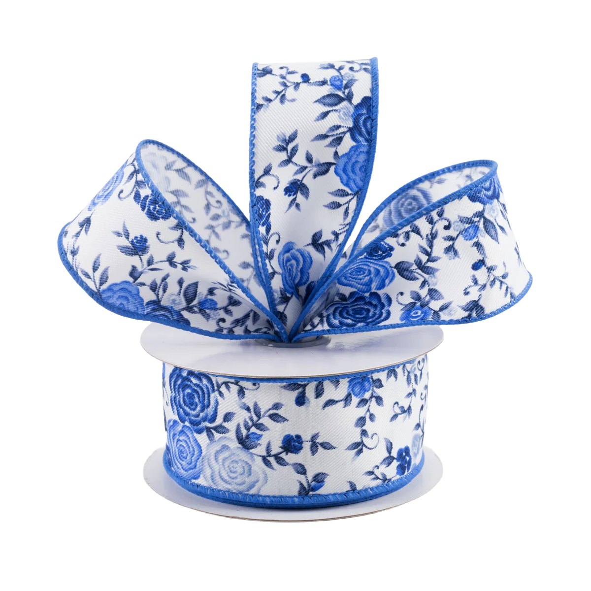 Spool of blue and white floral ribbon 