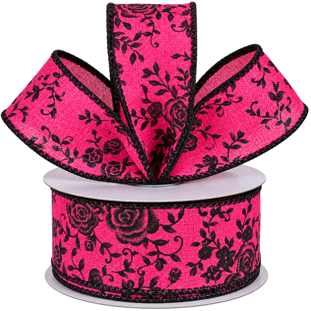 1.5" by 10 yard roll of wired fuchsia ribbon with black mini roses 