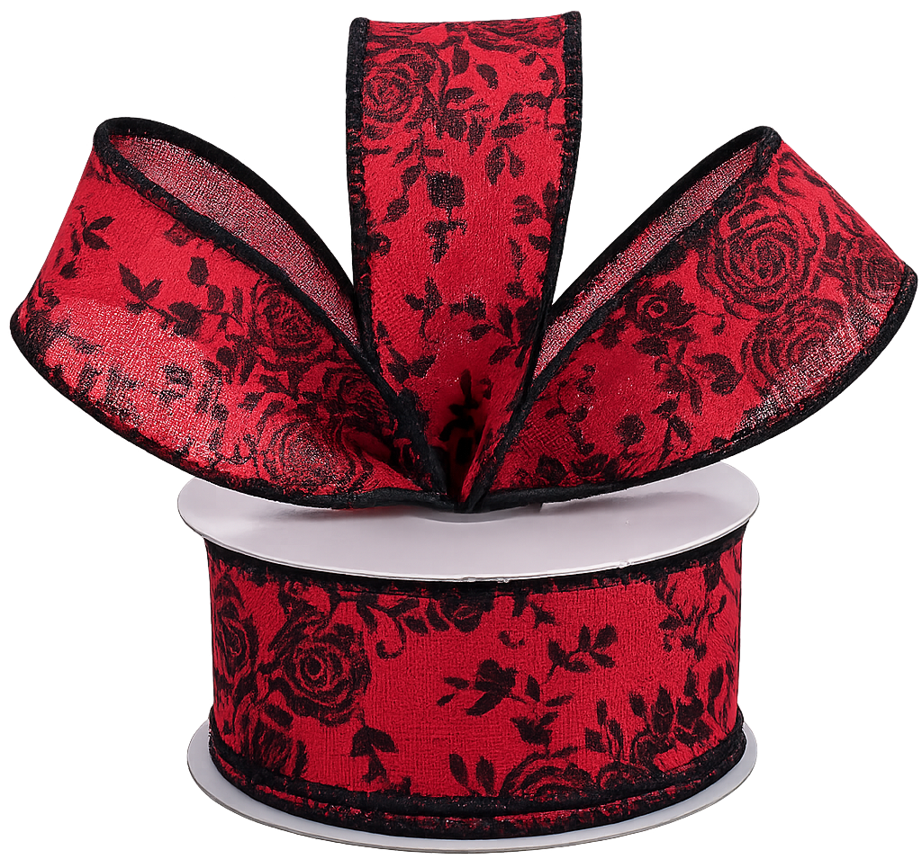 1.5" by 10 yard roll of wired red ribbon with black mini roses 