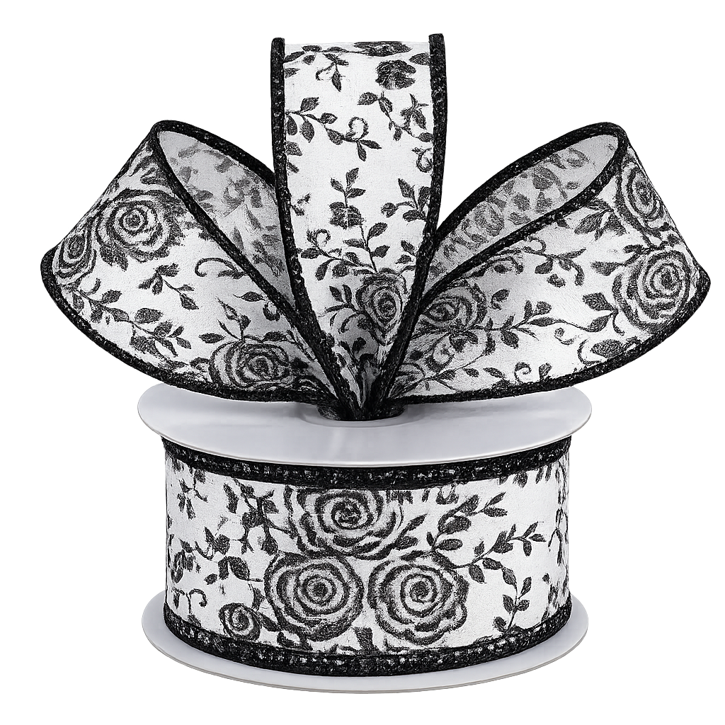 1.5" by 10 yard roll of wired white ribbon with black mini roses 