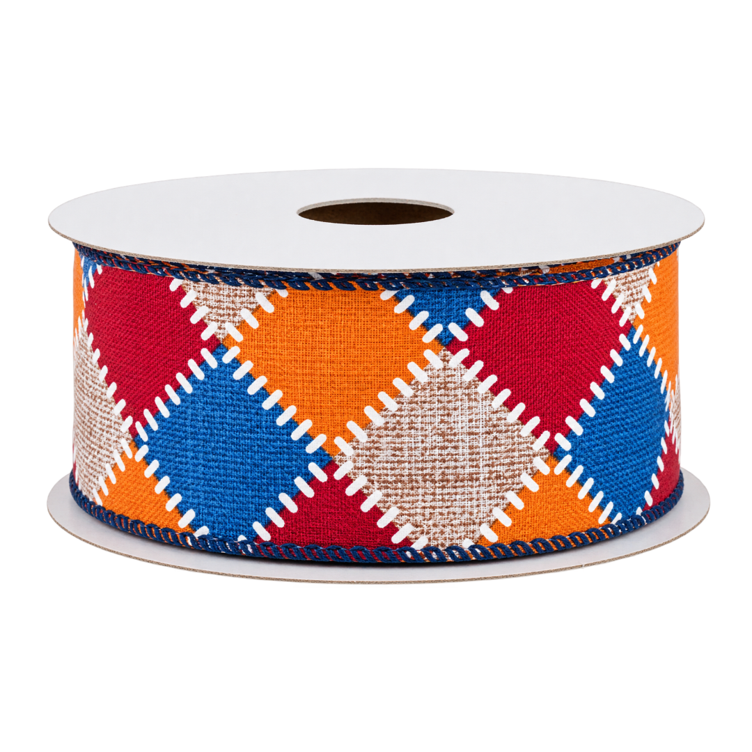 1.5" roll of blue, burgundy and orange natural stitch check ribbon MPN 61101-09-25