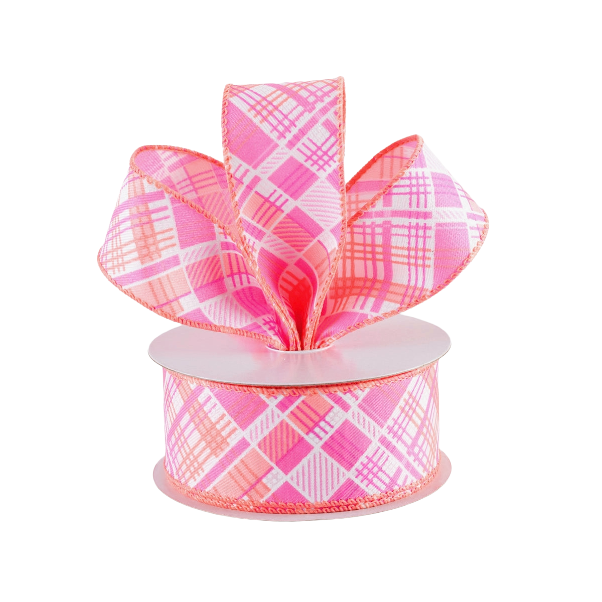 roll of 1.5" pink and peach plaid wired ribbon 