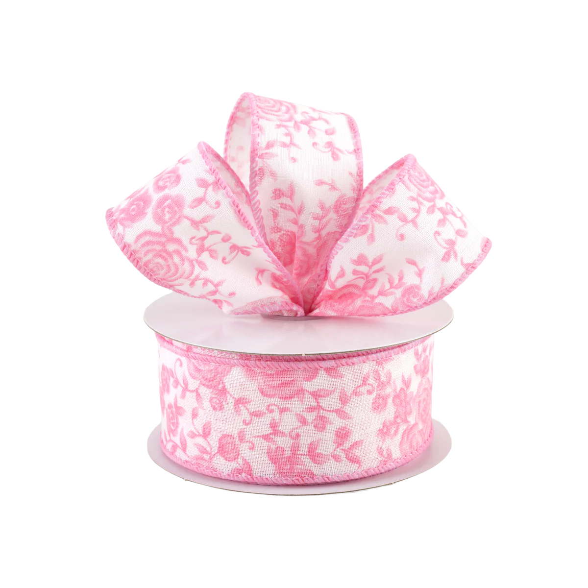 Spool of pink and white floral ribbon 