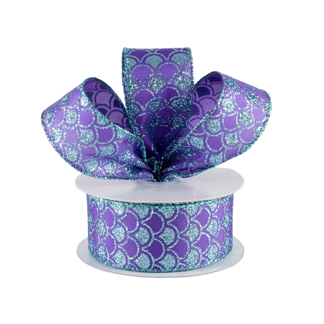 Roll of 1.5" purple and aqua satin scales wired ribbon