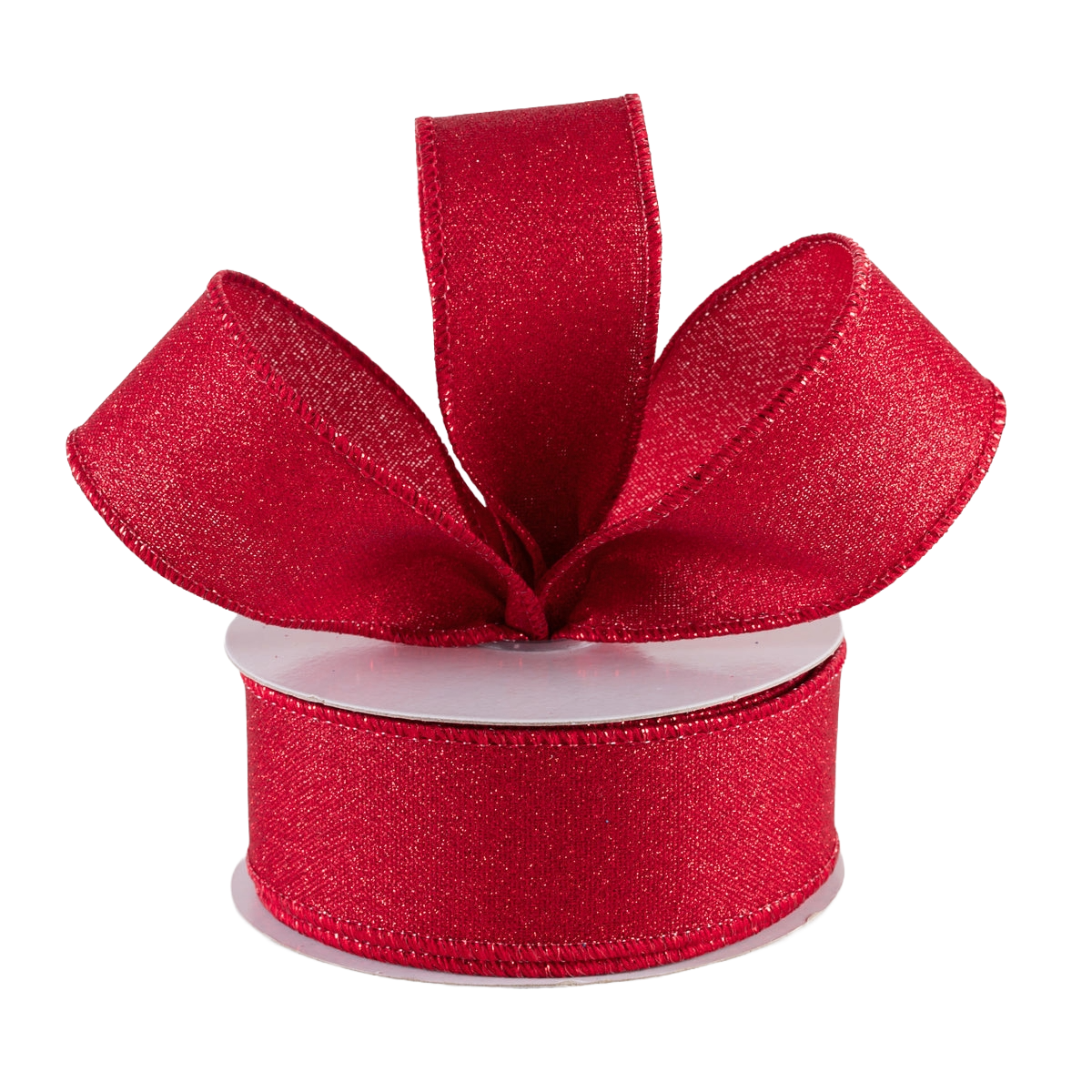 A roll of 1.5" red fine glitter on royal wired ribbon. 