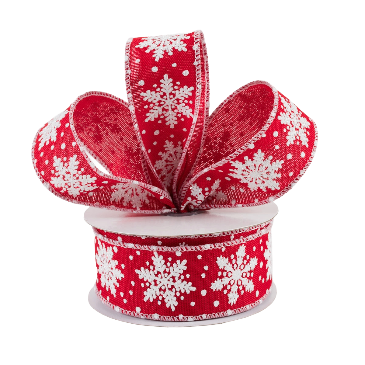 A roll of 1.5" red and white glitter snowflake wired ribbon 