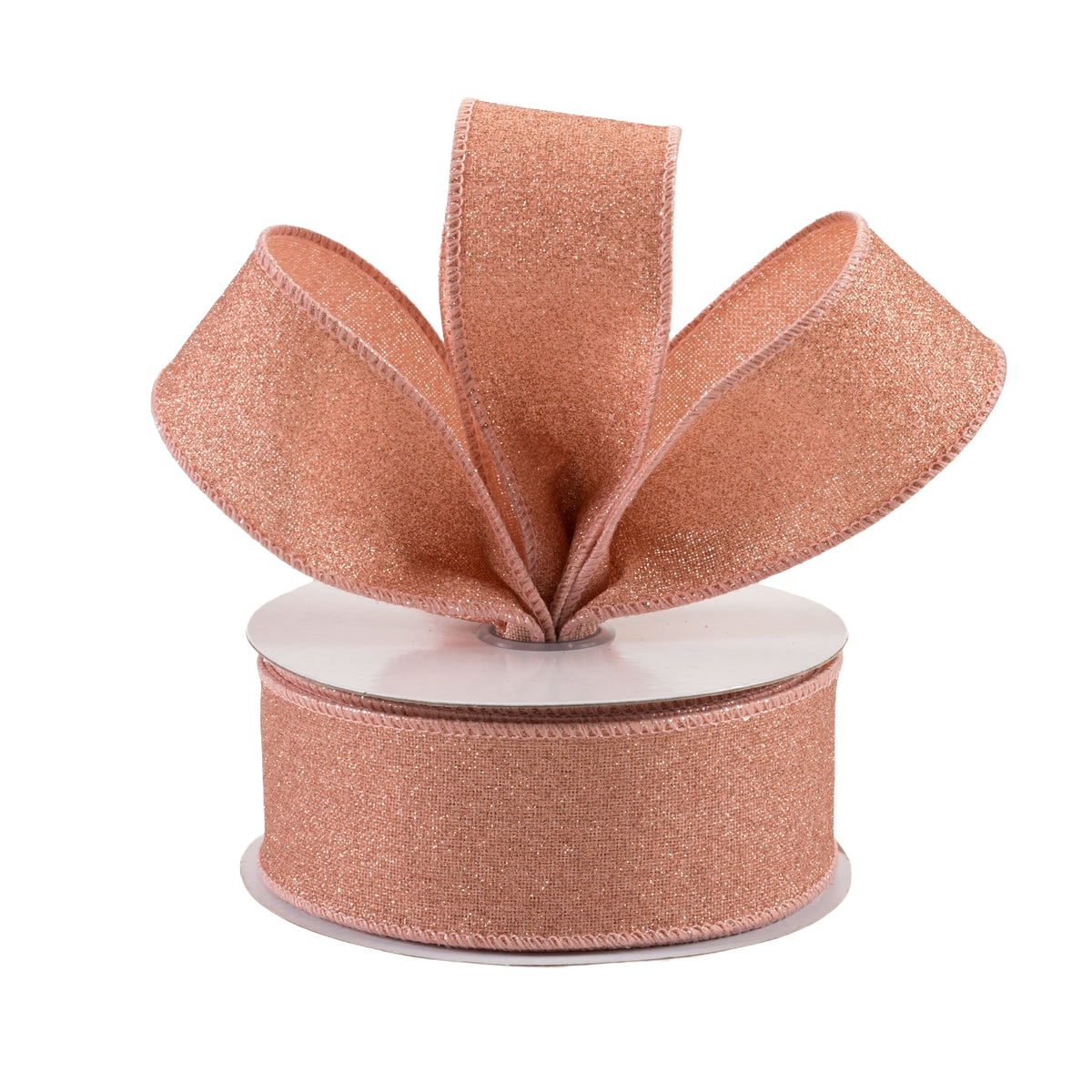 A roll of 1.5" rose gold fine glitter on royal wired ribbon. 