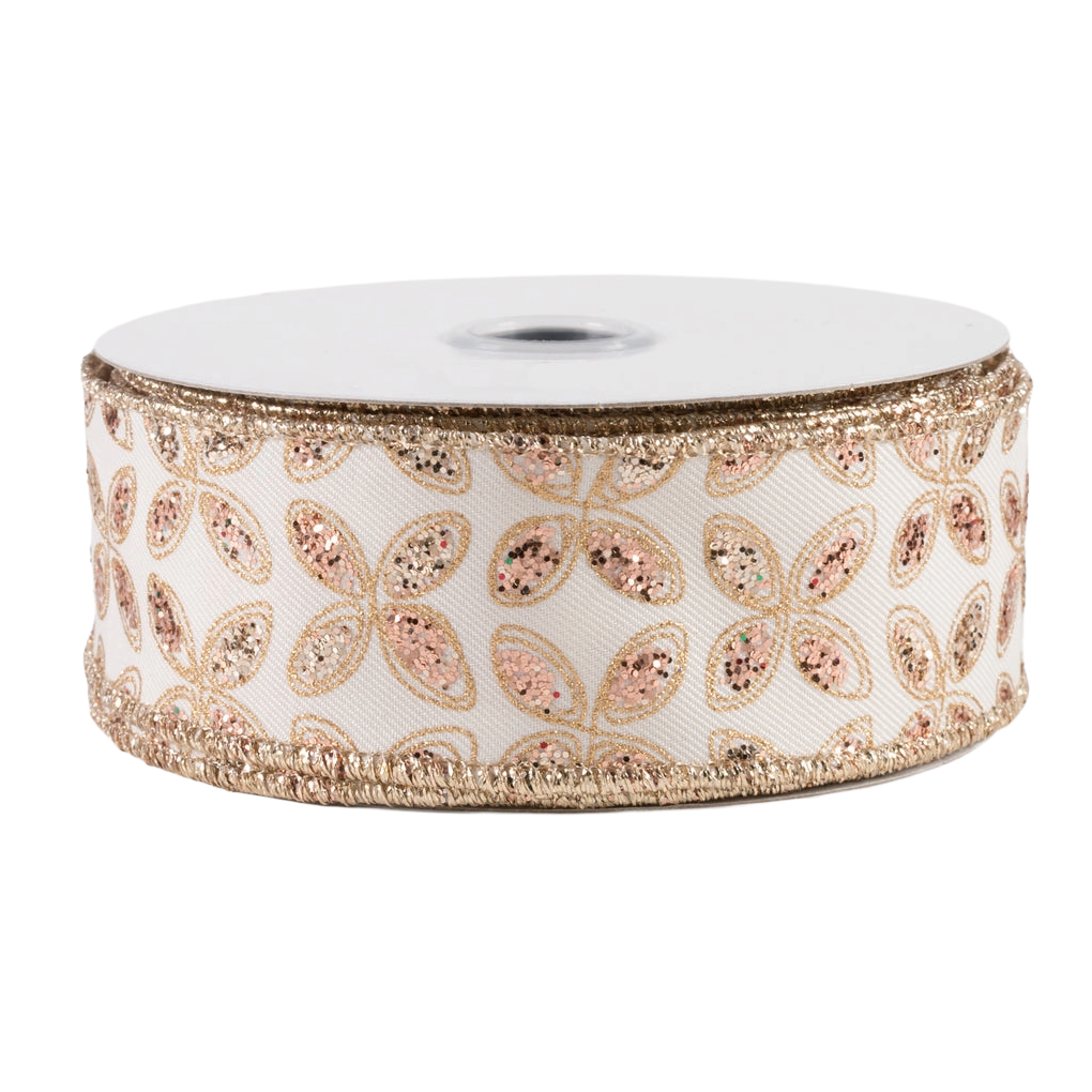 A roll of 1.5" rose, ivory, champagne and gold quatrefoil petals wired ribbon