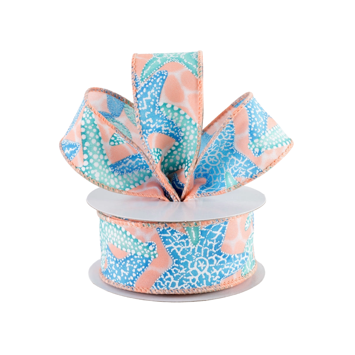 A roll of teal and blue 1.5" starfish, coral and water themed wired ribbon 