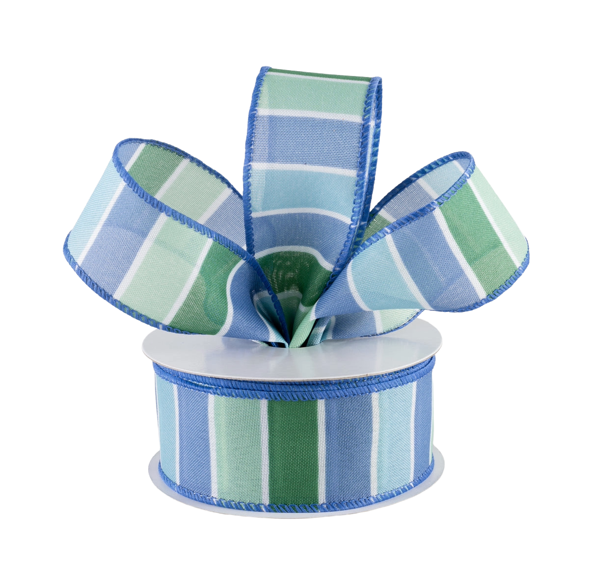 A roll of 1.5" wide striped seaside themed wired ribbon in blue and green hues