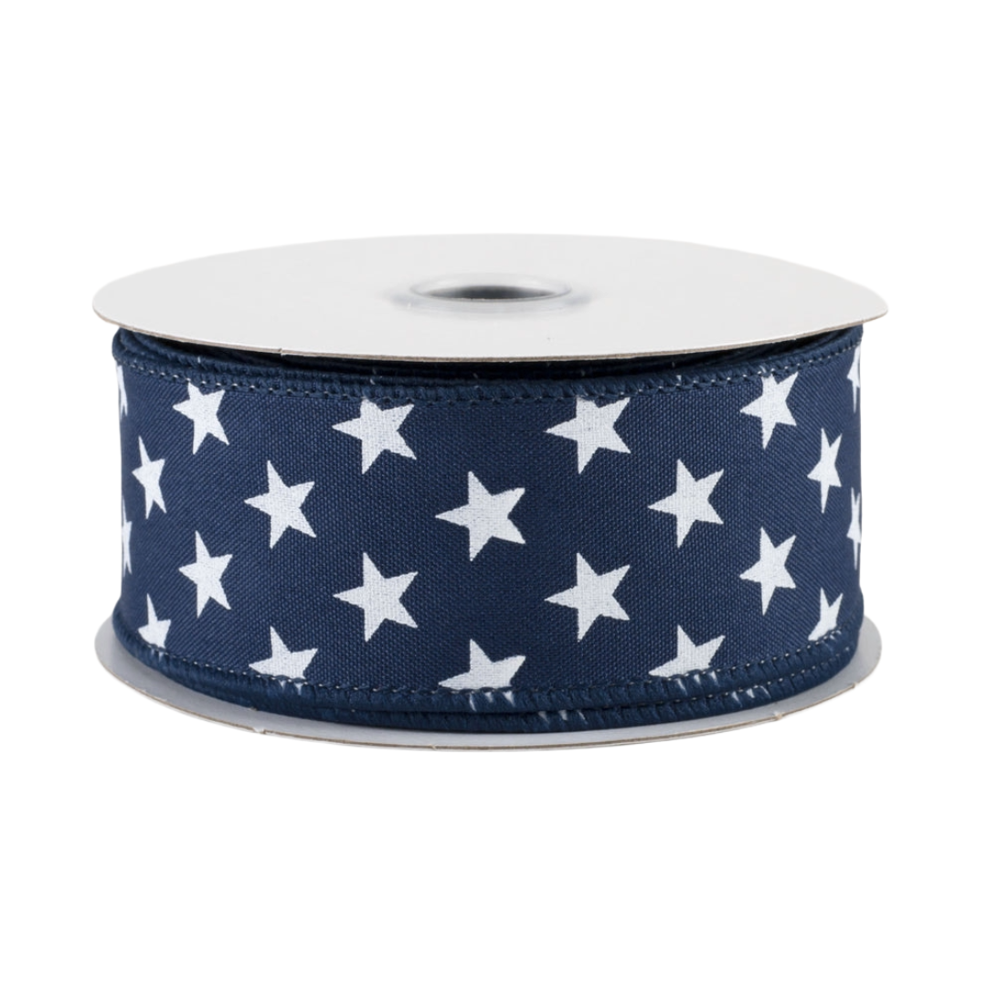 Roll of navy blue ribbon with white star pattern 