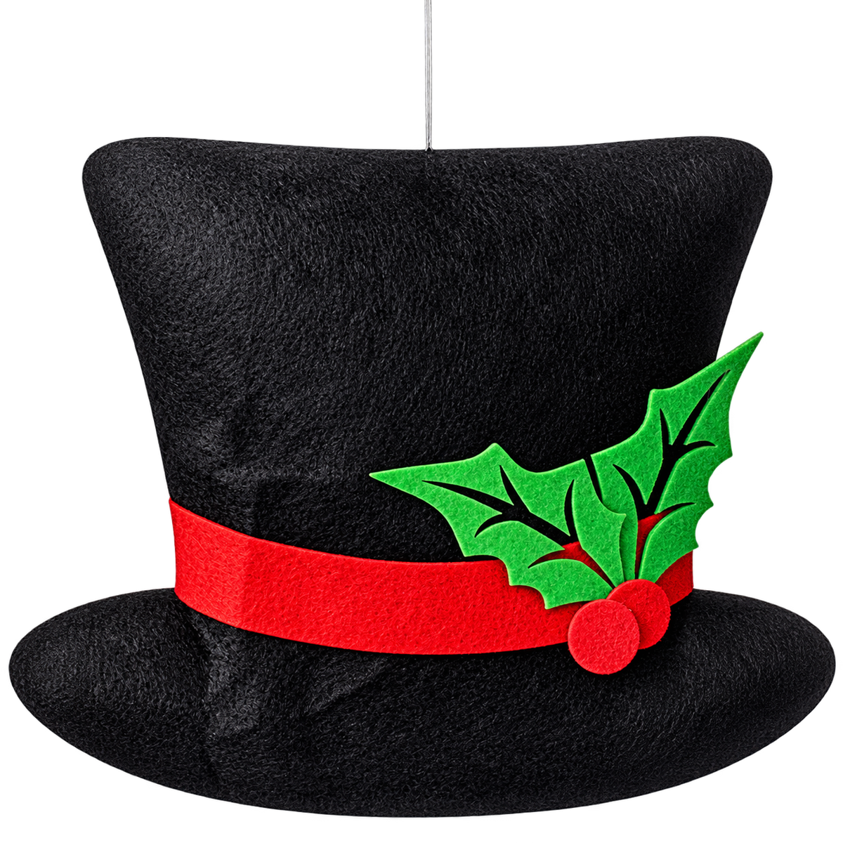 12" x 8.25" x .75" felt snowman hat with red stripe along with holly berry and leaves