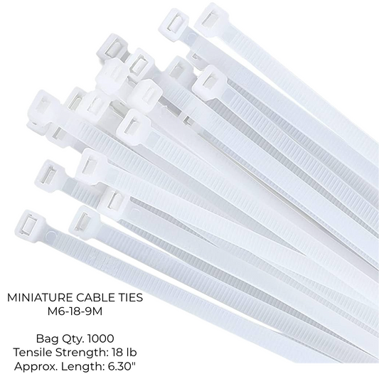 White miniature cable ties (zip ties) on a white background with product details.