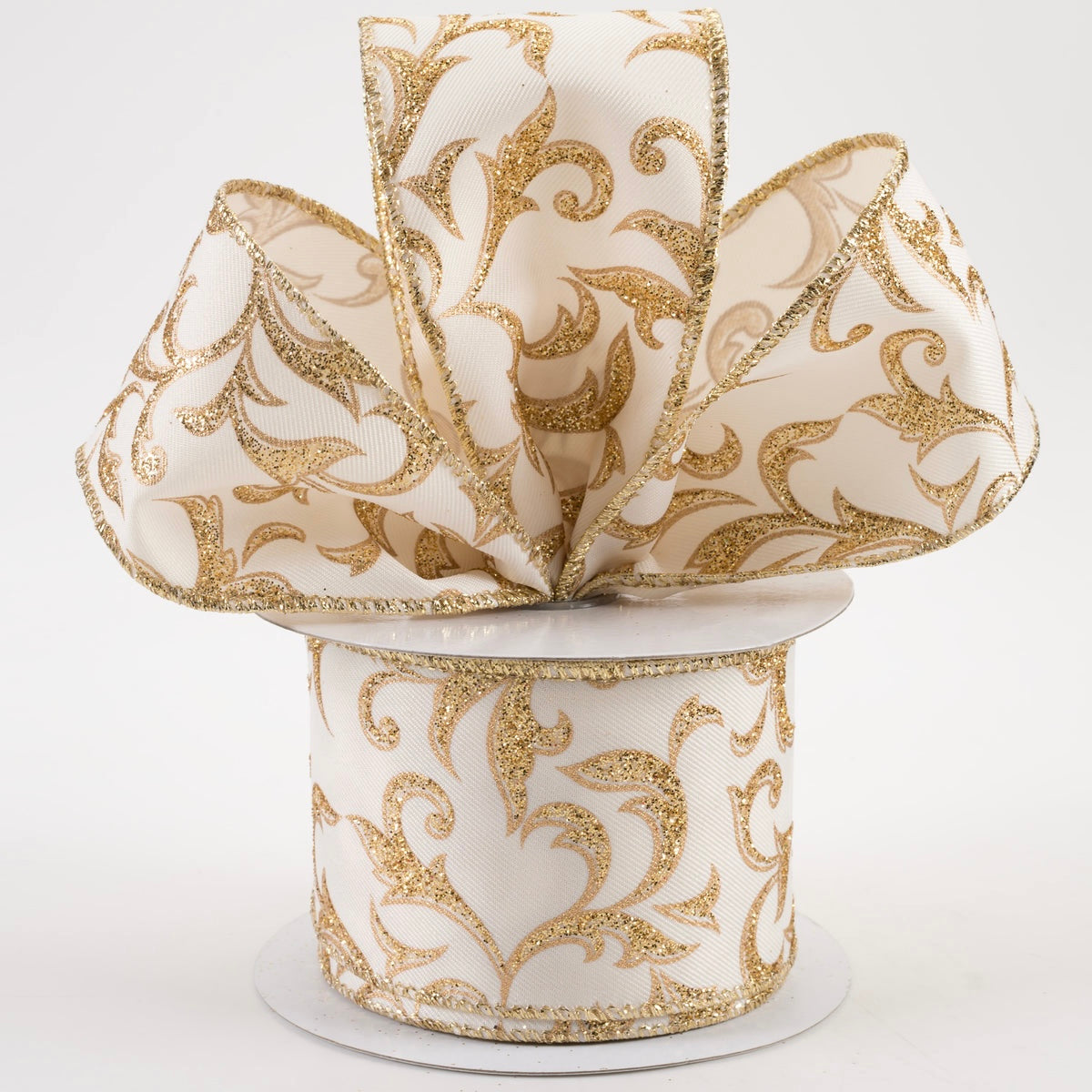 2.5" x 10 yard roll of ivory ribbon with gold acanthus leaf wired ribbon MPN - RGE184337.