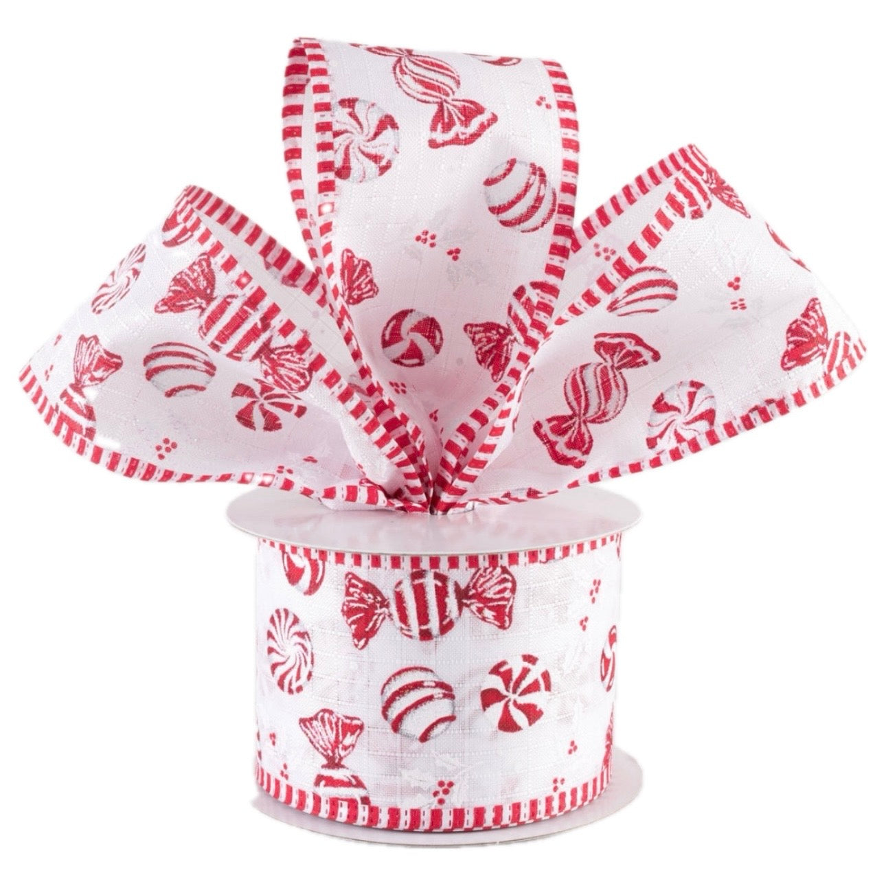 A roll of 2.5" red and white peppermint candy Christmas wired ribbon. 