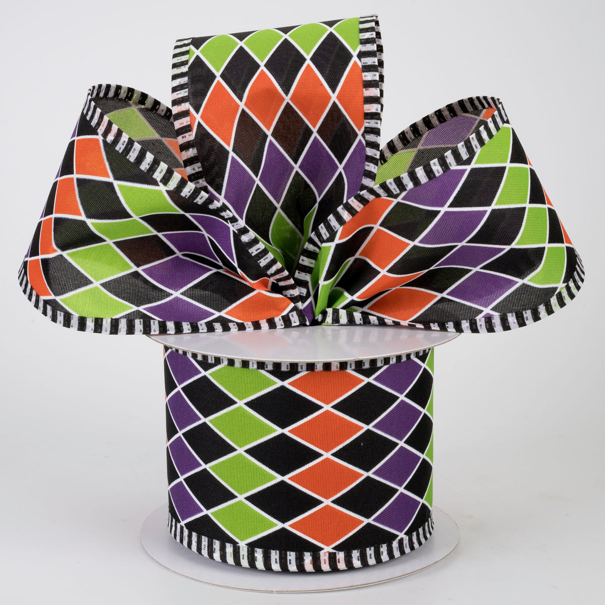 2.5" x 10 yard roll of orange, lime green, black, white and purple stitched edge harlequin wired ribbon carried by Monkey's Creations - MPN -  56524-40-21