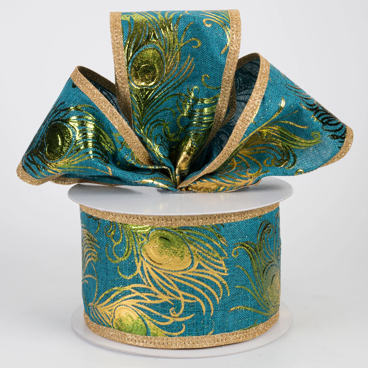 Spool of 2.5" glitter embossed peacock wired ribbon