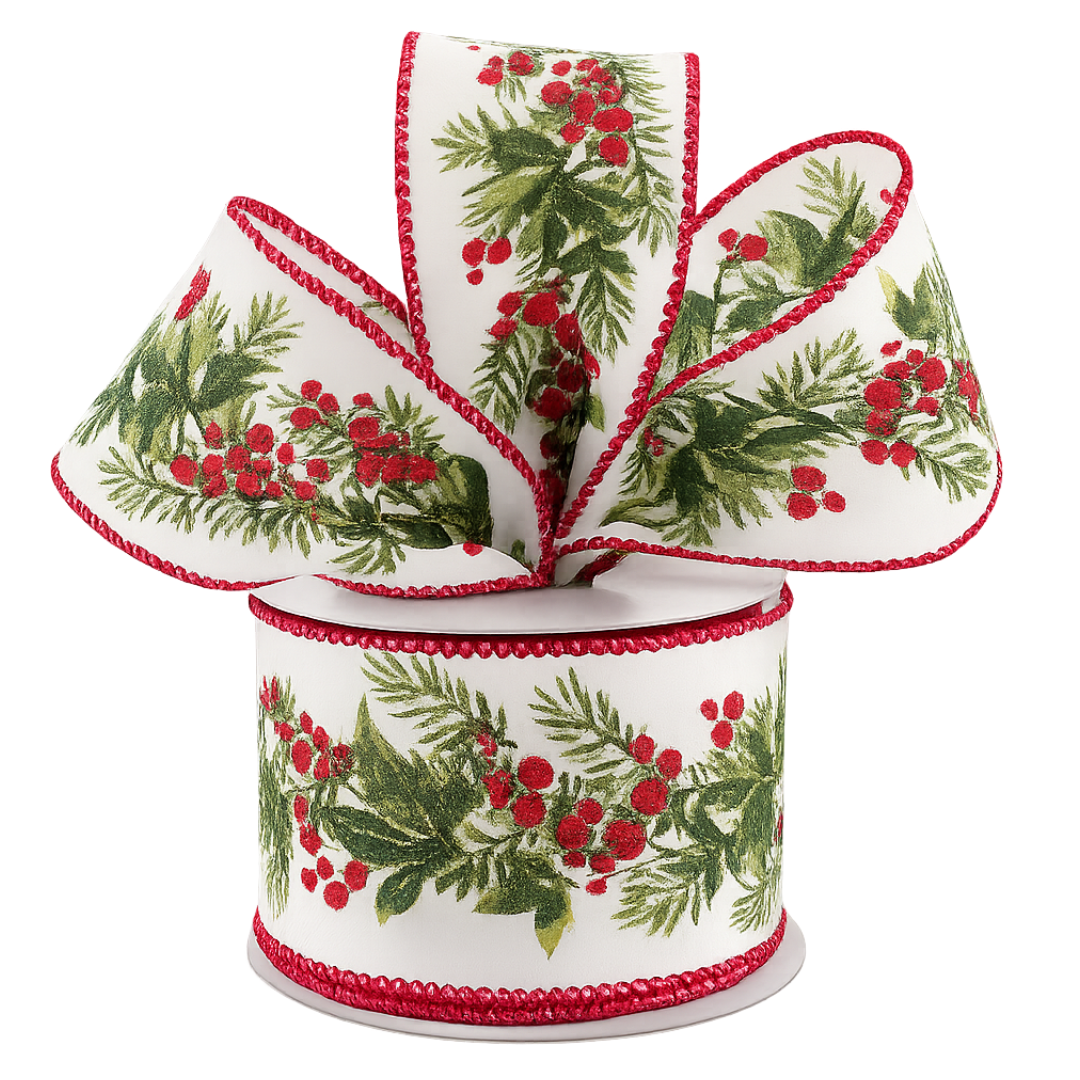 A roll of 2.5" holly berry garland white satin wired ribbon