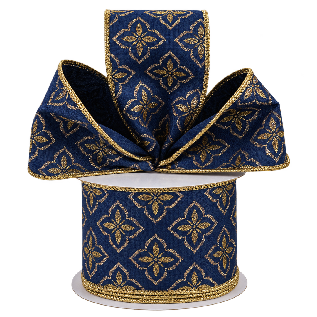 2.5" x 10 yard roll of navy blue wired ribbon with gold glitter quatrefoil 
