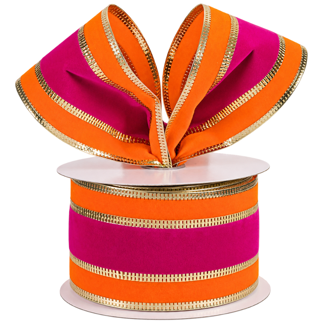 A roll of 1.5" x 10 yard roll of fuchsia, orange and gold velvet stripe metallic edge ribbon
