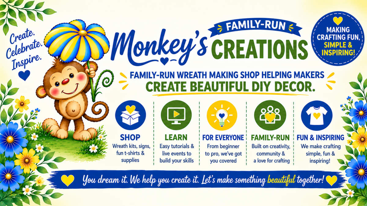 Banner image for Monkey's Creations featuring a monkey under a flower umbrella with flowers and references to create beautiful decor, family run, for everyone, fun and inspiring, shop and learn. 