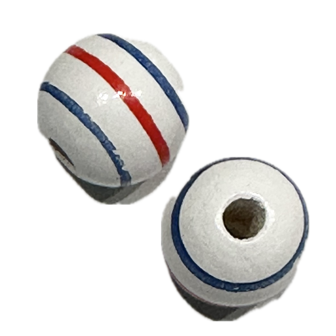 Two wood beads with red and blue stripes 