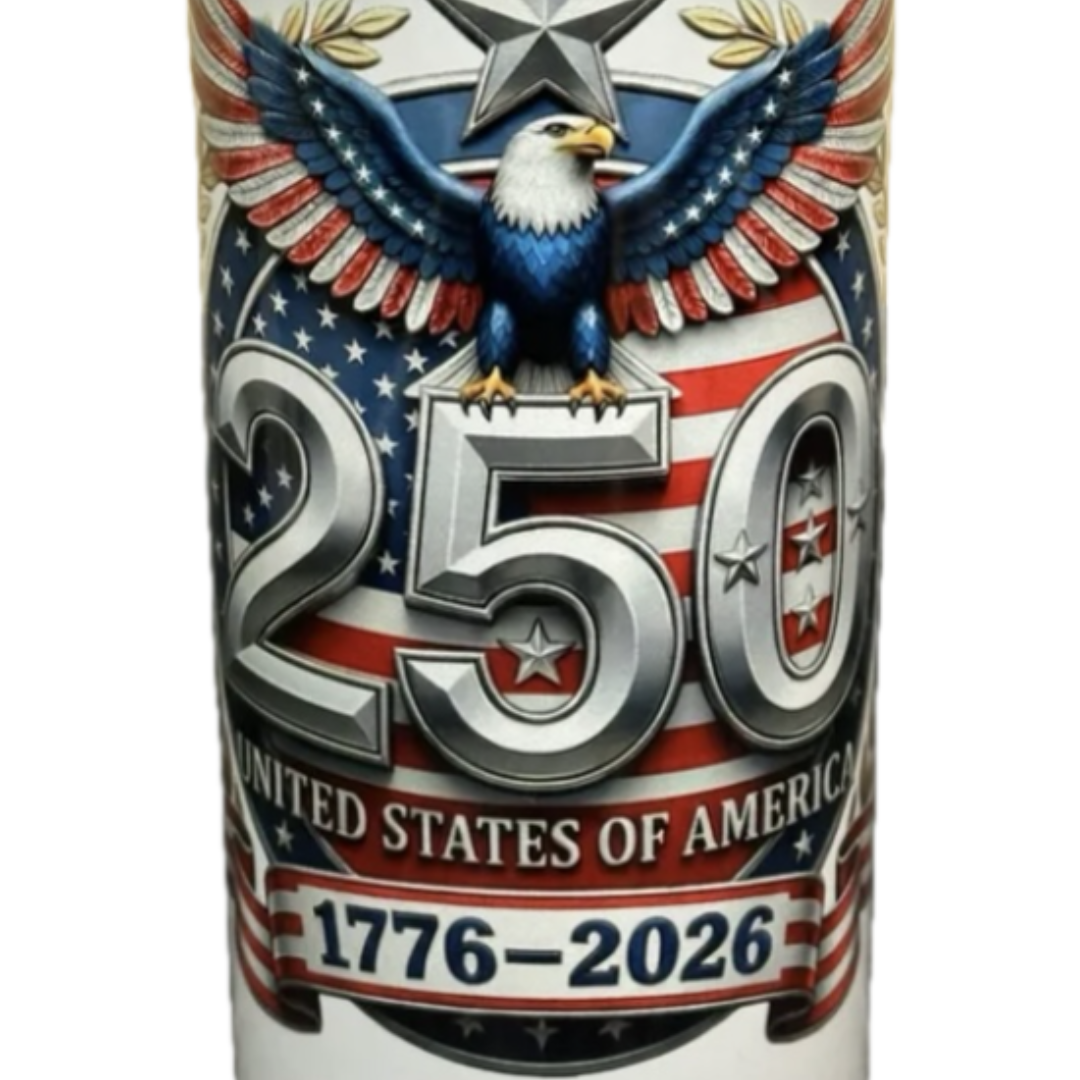 reusable white patriotic red white and blue flag tumbler cup with 250 years USA anniversary, close up of eagle and 250
